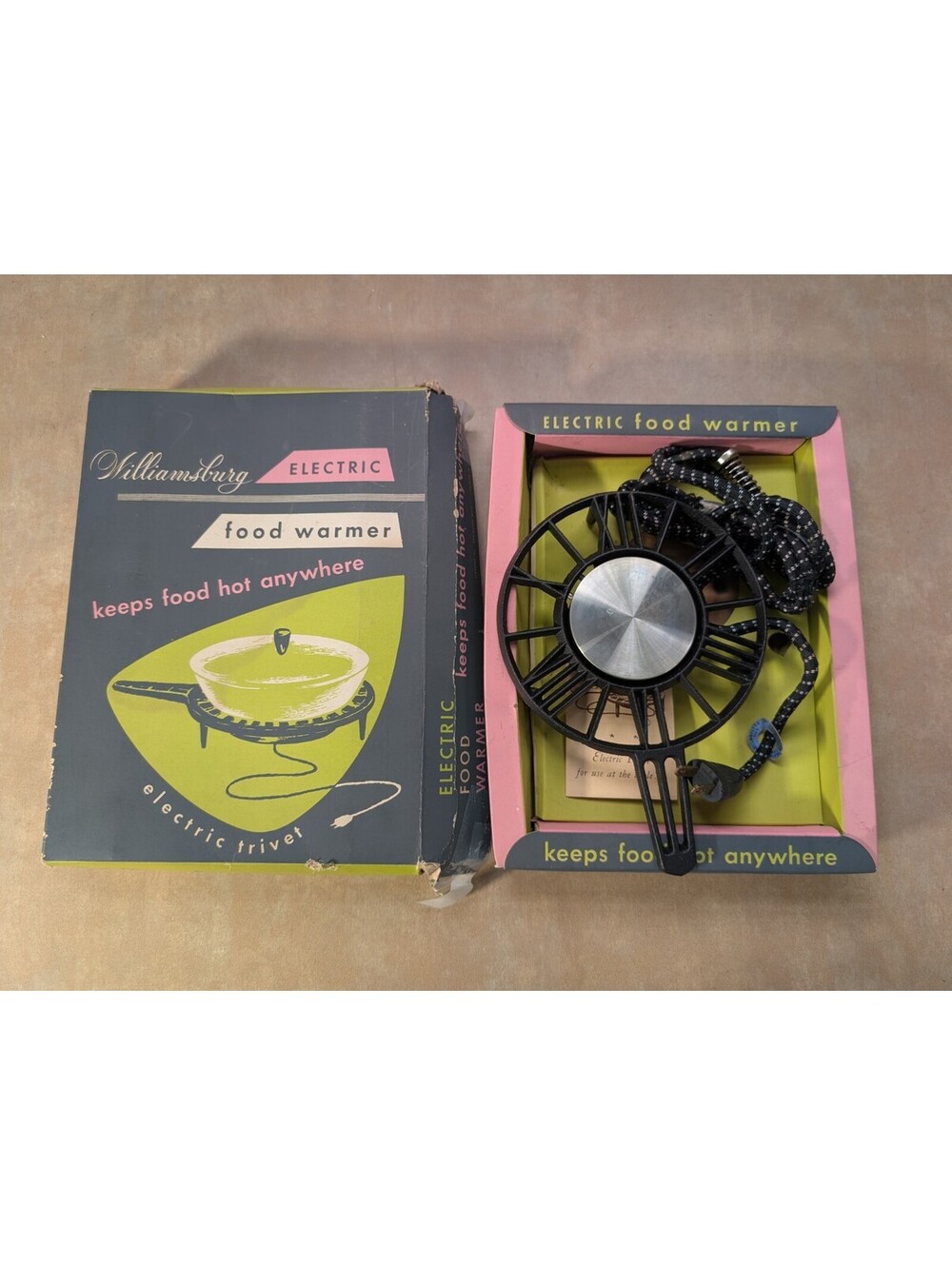 Vtg Williamsburg Electric Food Warmer Trivet Cast Iron 2 Prong Cloth Cord 1960s